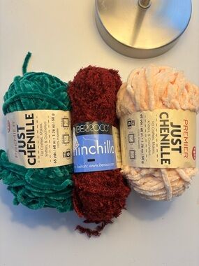 Premier Just Chenille Yarn Trio in Teal, Burgundy, Peach